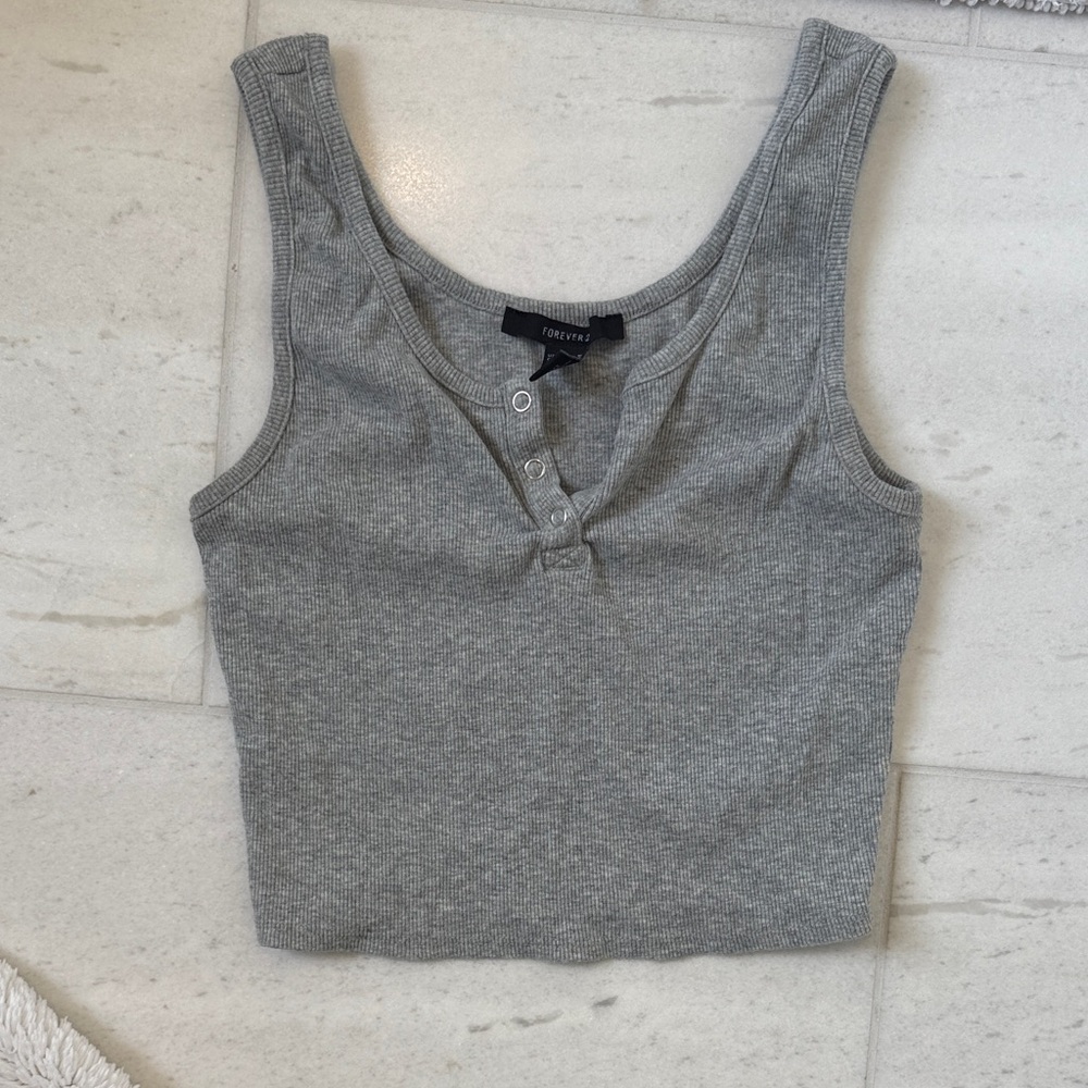 Forever 21 Light Gray Ribbed Henley Crop Tank